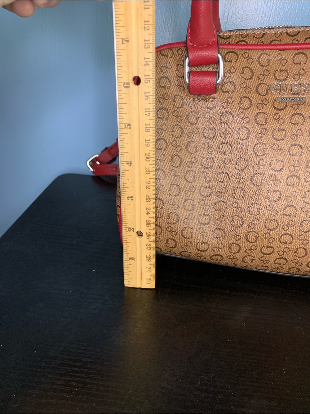 Guess Brown Monogram Satchel with Red Trim and Strap - Picture 5 of 7